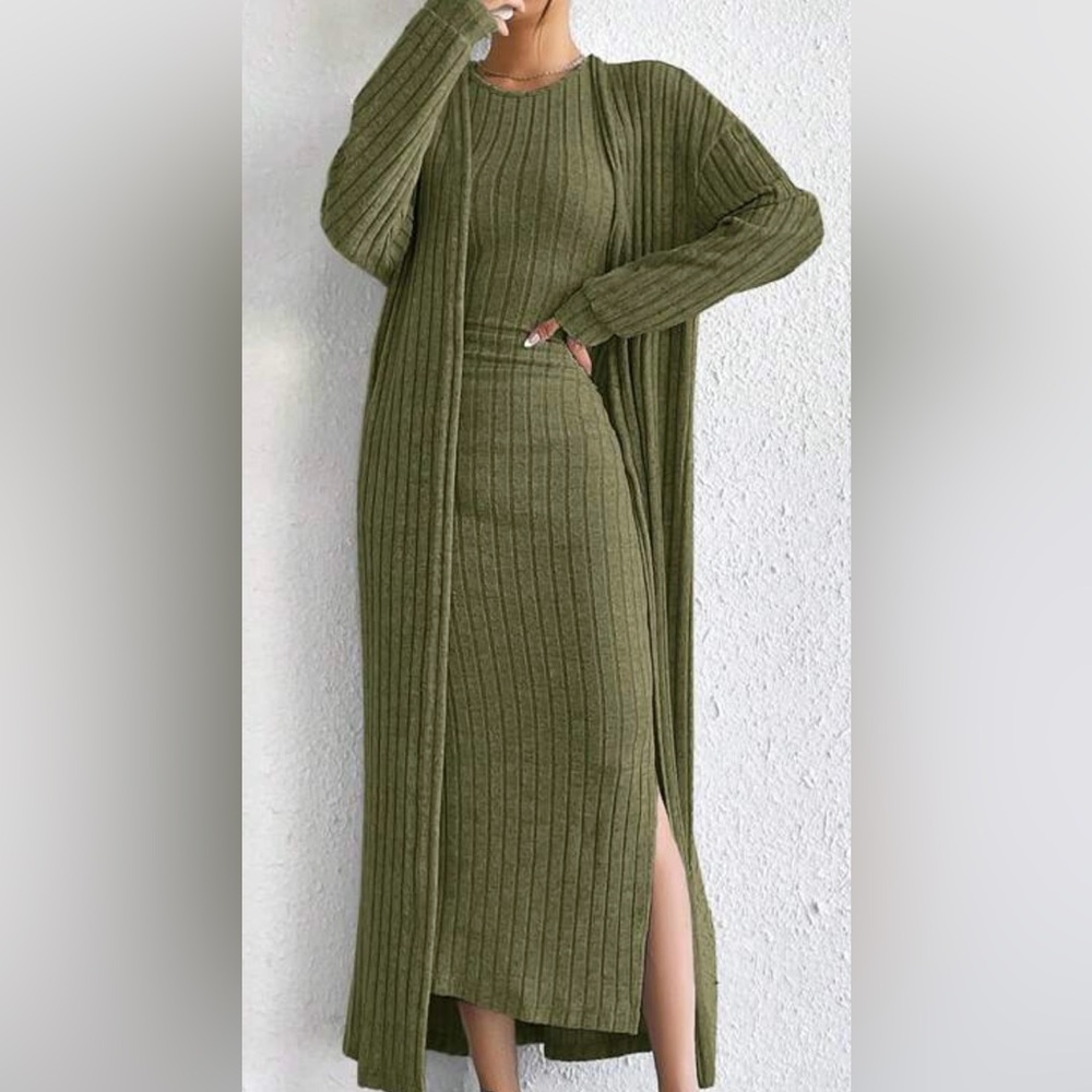 Army green maxi dress with sweater set